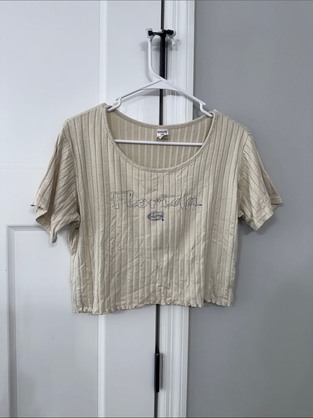 Ribbed Scoop Neck Crop Top in Cream with 'Florida' Embroidery